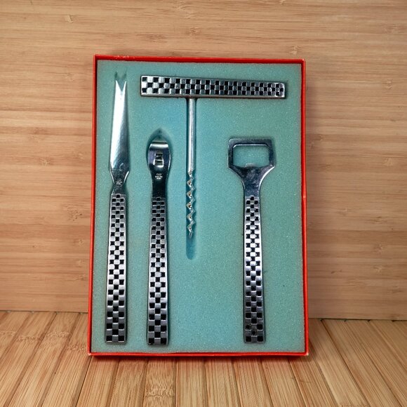 Vintage 60s YAX Bar Set 4 pieces Stainless Steel, Teak Wood, Checker Flag Series - Picture 1 of 5
